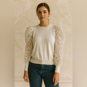 Vine & Love Top Puff Shoulder Long Sleeve Flower 3D Appliqué Snow White …​​